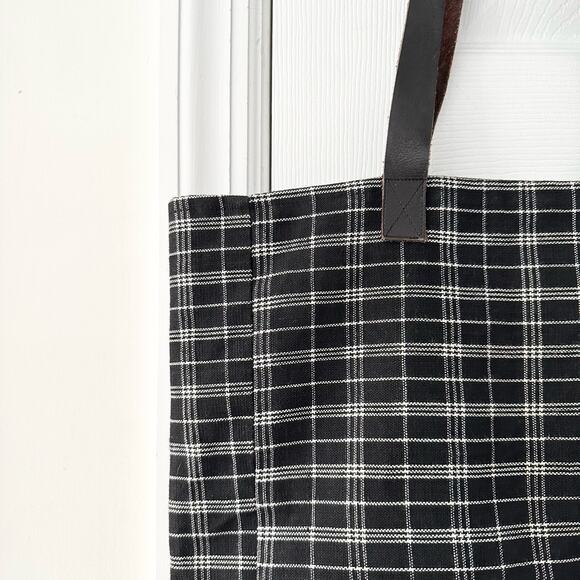 FEED Black White Grid Plaid Brown Leather Strap Tote Bag Nest Artisans - Picture 3 of 11